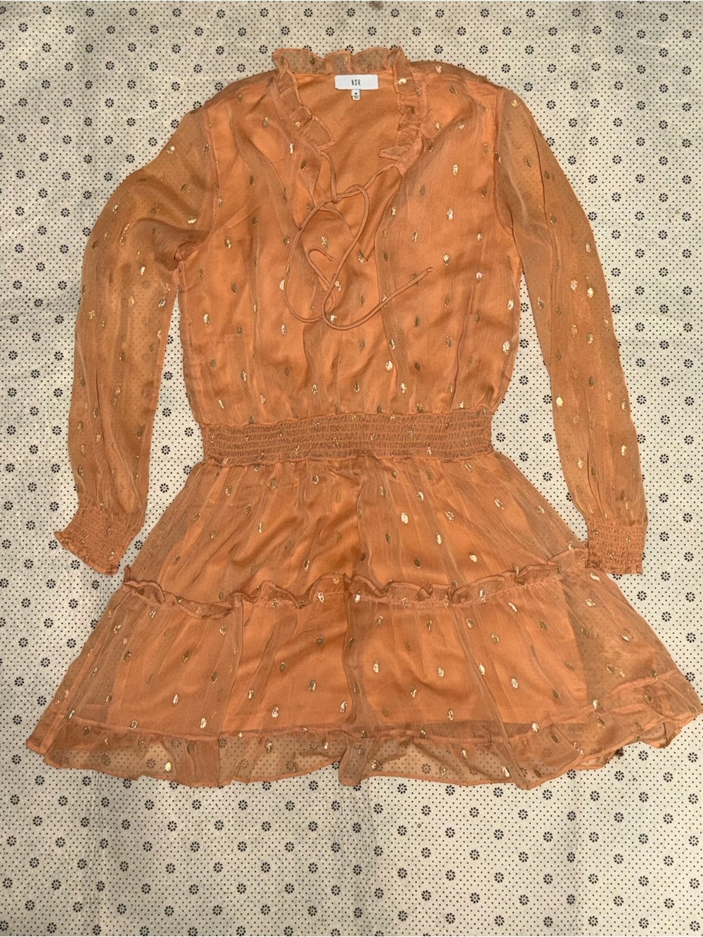 NSR Rust Copper Gold Metallic Ruffle Mini Dress – Size Medium